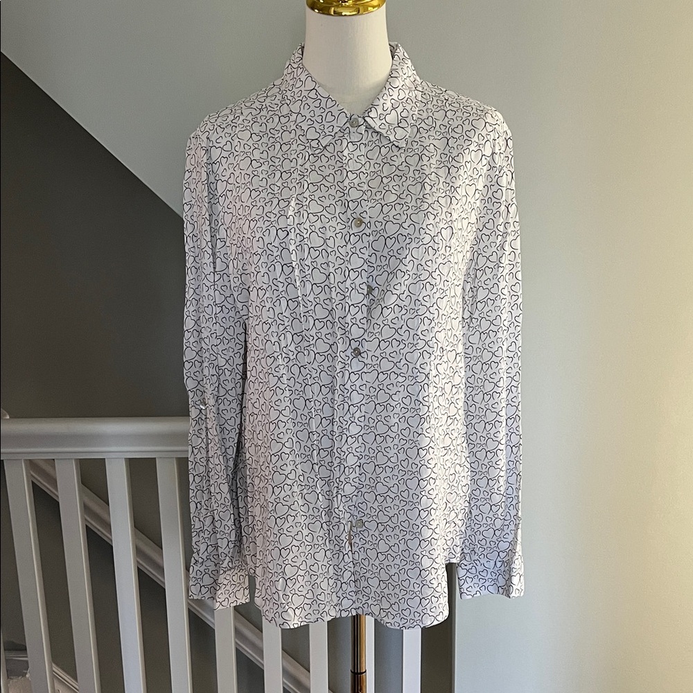 White Button-Up Shirt with Navy Heart Pattern